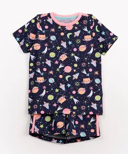 pijama infantil de malha gatinha manga curta azul marinho 14