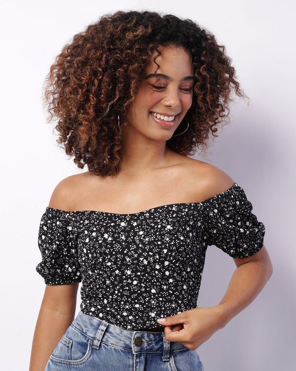 Blusa Feminina Cropped Ciganinha Estampada Preta PP
