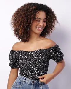 Blusa Feminina Cropped Ciganinha Estampada Preta PP