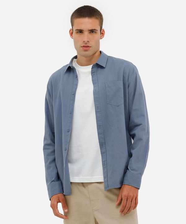 camisa comfort com linho manga longa azul M