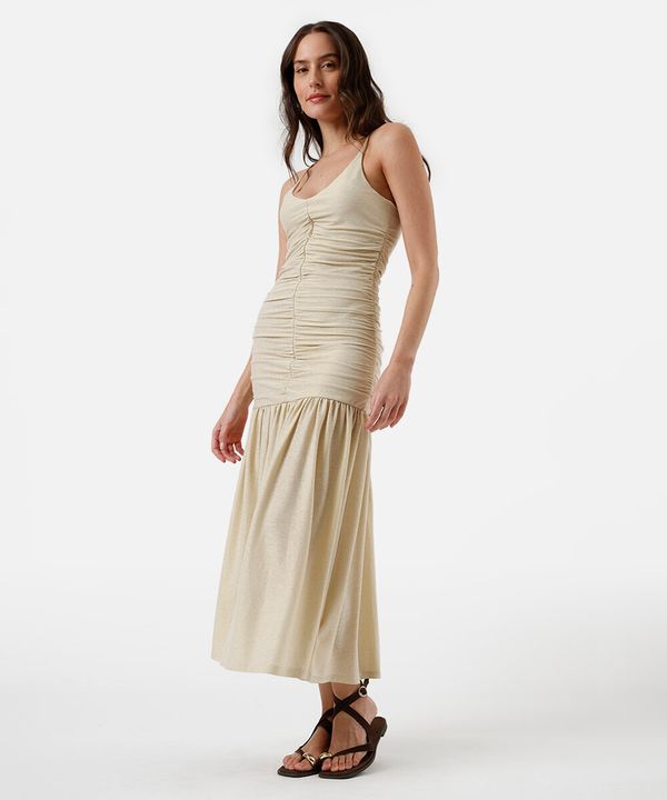 vestido midi alça fina feminino franzido bege M