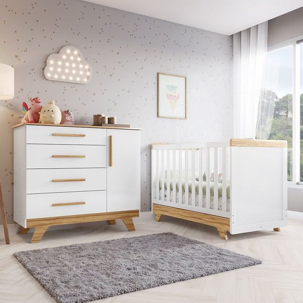 Quarto de Bebê com Cômoda e Berço 100% Mdf Jolie Retrô Yescasa Branco Brilho/Amêndoa