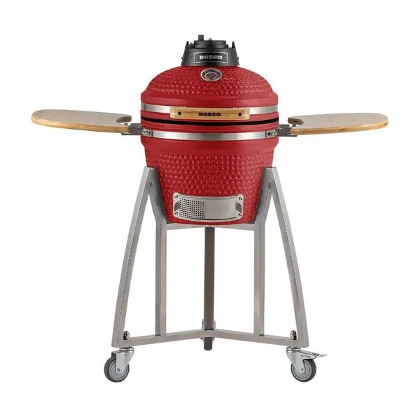 Churrasqueira Kamado Pequeno Rasco Vermelho C/ Grelha Aço Inox, Suporte E Mesas. Ideal P/ 5 Pessoas Vermelho