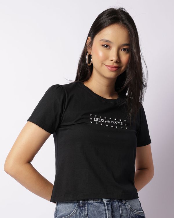 Blusa Feminina Manga Curta Com Aplicação De Strass Preta G