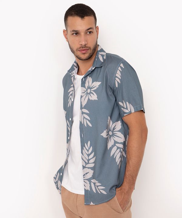 camisa de viscose floral manga curta azul M