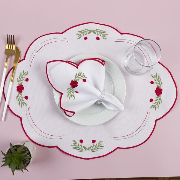 Kit 12 Jogos Americanos Guardanapos De Mesa Redondo Bordado Floral Peônia - Branco