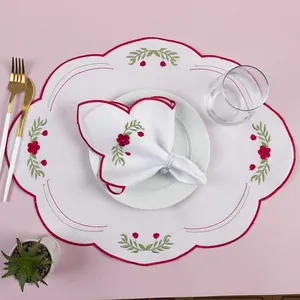 Kit 12 Jogos Americanos Guardanapos De Mesa Redondo Bordado Floral Peônia - Branco