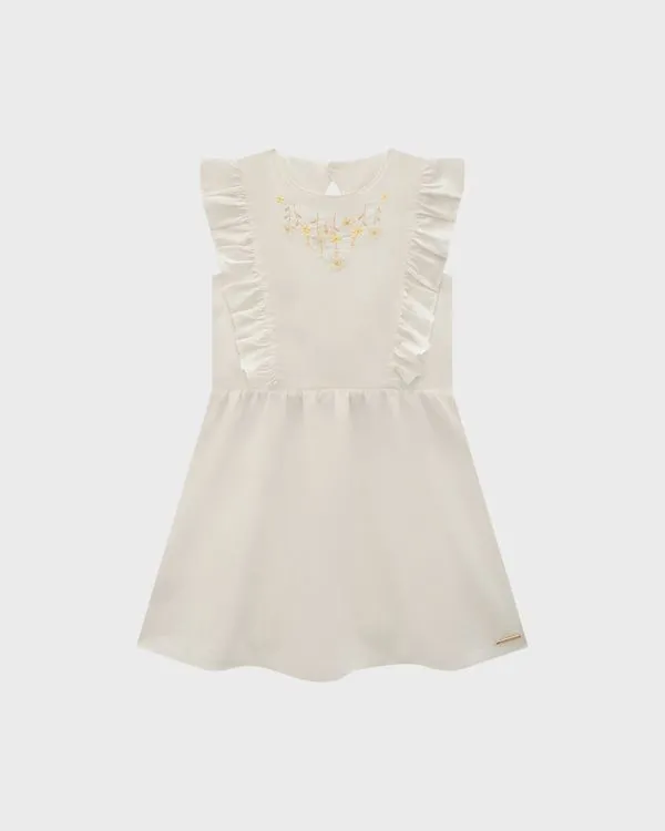 Vestido Menina Babados Frontais Em Algodão Texturizado - Carinhoso Off White - 16