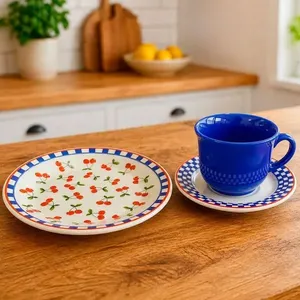 Jogo de Café e Lanche Oxford Cerâmica 24 Peças Jardim Cerejas Azul Donna Jogo de Café e Lanche Oxford Cerâmica 24 Peças Jardim Cerejas Donna
