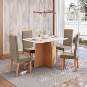 Conjunto de Mesa Sonetto Isa 120cm 4 Cadeiras Tampo de Vidro Veludo Estofado Design Moderno Sofisticado Mel com Off White