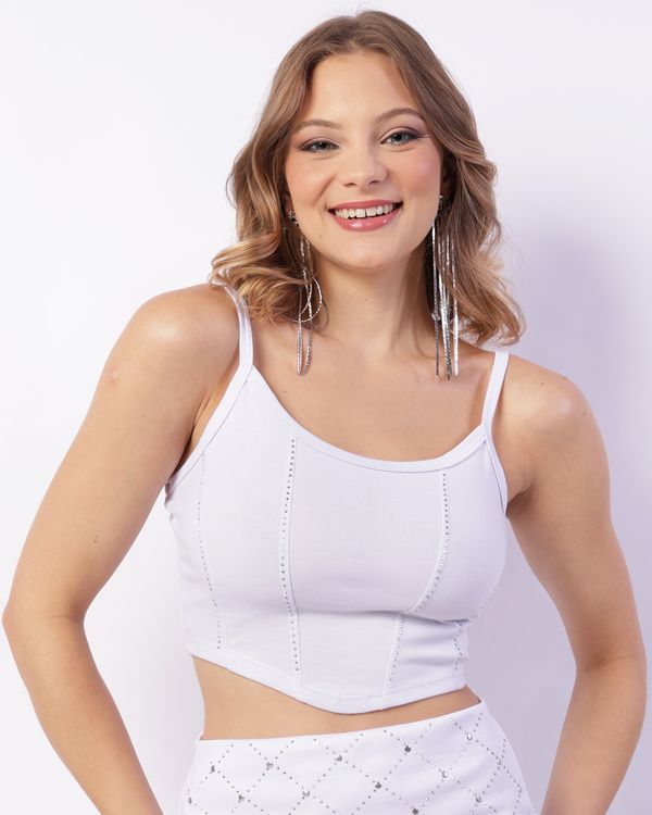 Regata Feminina Cropped Com Strass Branca G