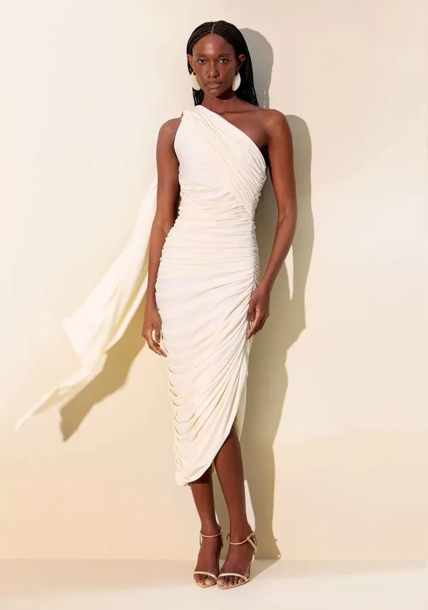 Vestido Assimétrico Ombro Único Drapeado Branco GG
