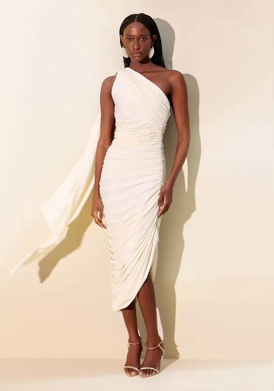 Vestido Assimétrico Ombro Único Drapeado Branco GG