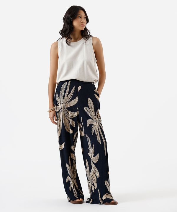 calça wide leg feminina texturizada folhagens azul GG