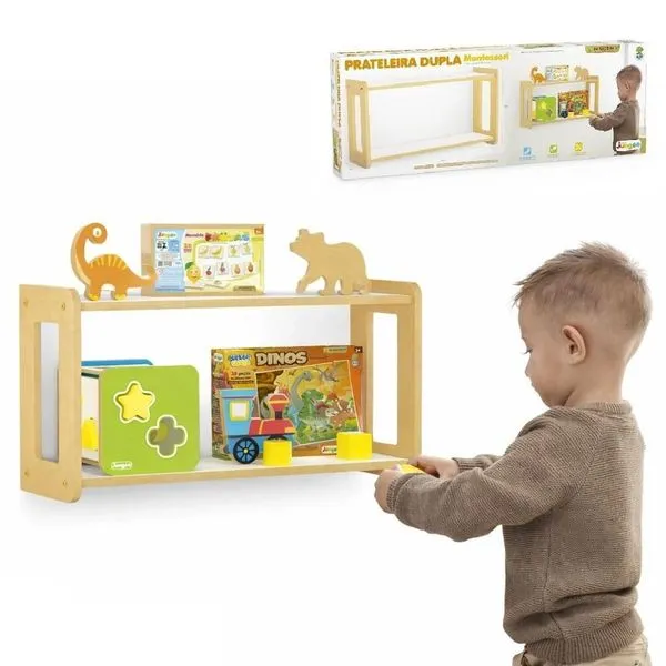 Prateleira Infantil Dupla Montessori MDF 55cm Amadeirado com Kit Montagem Junges Prateleira Infantil Dupla Montessori MDF 55cm Amadeirado Junges
