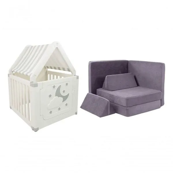 Kit Casinha Infantil E Sofá De Brincar Para Crianças Freso Cinza Lúdico