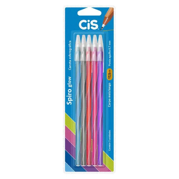 Caneta Esferográfica Spiro Glow Blister 5 Cores - Cis