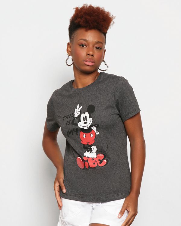 Camiseta Feminina Disney Mickey Manga Curta Mescla Cinza G
