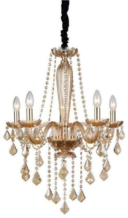 Lustre 5 Lâmpadas Cristale E14 40W Aço Vidro e Cristal Orluce Or1166 Ambar Dourado Bivolt