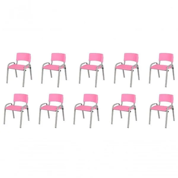 Kit 10 Cadeiras Infantil Iso, Escola, Base Cinza- Rosa