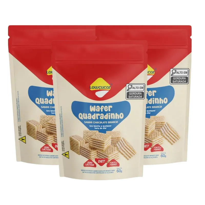 Kit Biscoito Wafer Quadradinho Diet Zero Lactose Chocolate Branco Lowçúcar 3 Unidades 60g