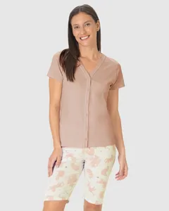 Pijama Curto Feminino Blusa Decote V Abotoamento Frontal Em Algodão Rosa - XGG