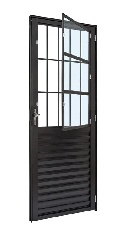 Porta Alumínio Postigo Palheta Vidro Liso Esquerda 80X210X4 Preto Cristal Ultra Ramassol