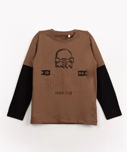 camiseta infantil de algodão manga longa skate boarding marrom médio 12