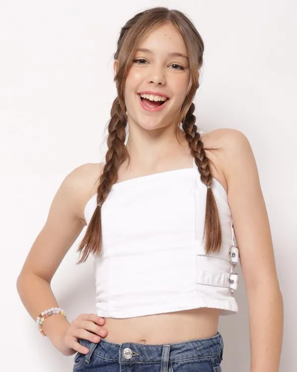 Regata Jeans Juvenil Cropped com Fivela Branca 14