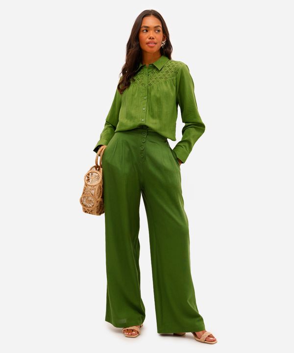 calça pantalona feminina com linho cós elástico verde 40