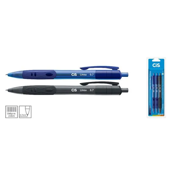 Caneta Esferográfica Retrátil Linea Blister 2 Azuis, 1 Preta - Cis