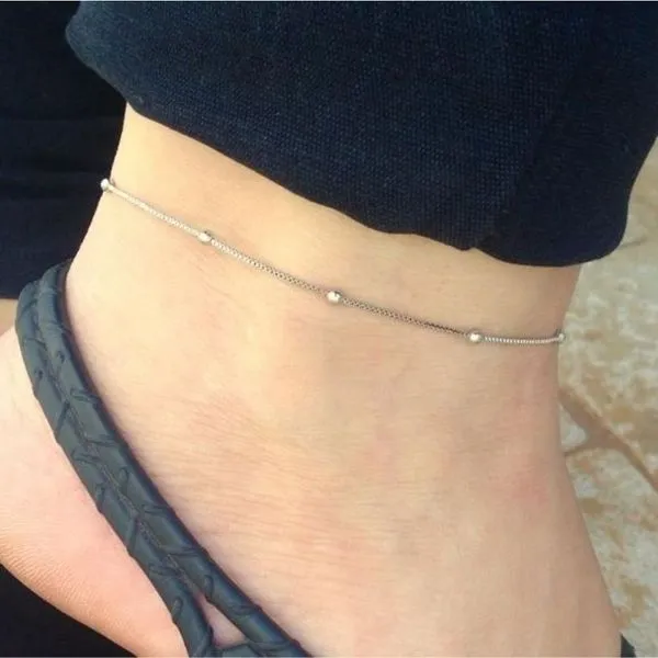 Tornozeleira Corrente Mini Bolinhas Banhado Em Rhodium Prata