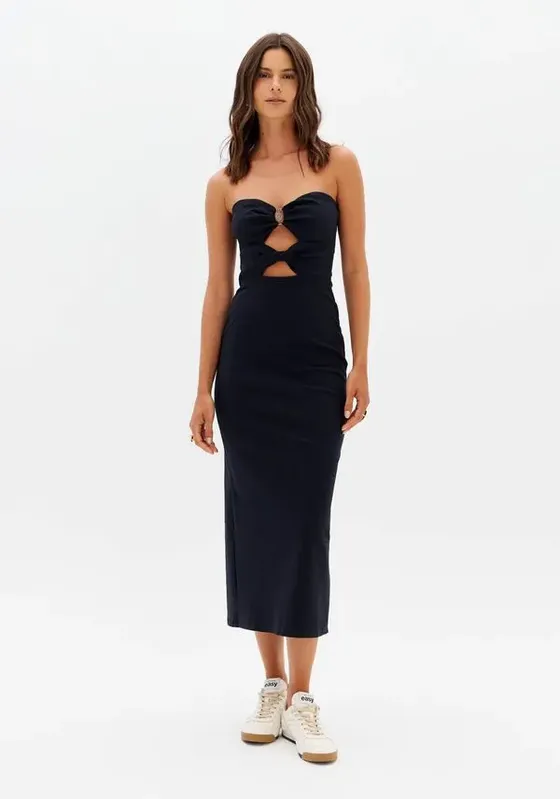 Vestido Super Midi Sem Alças Com Metal Preto P