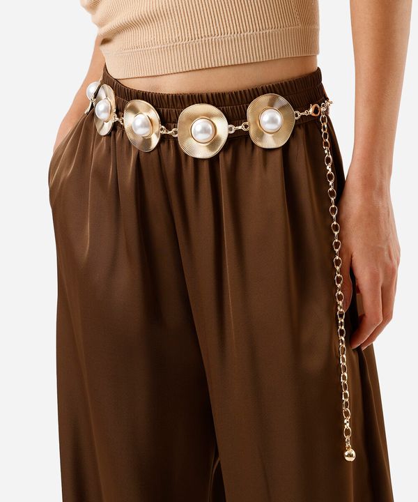 cinto feminino de corrente maxi pérolas dourado 85CM