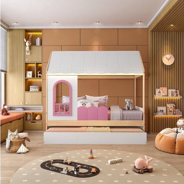 Bicama Infantil Casinha com Led e Janela New Garden Casatema Rosa/Natural