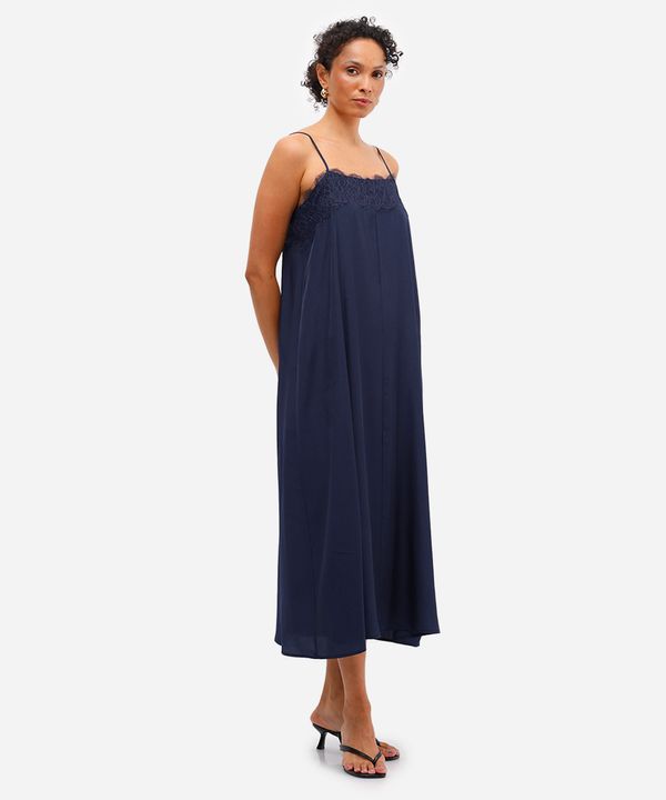 vestido midi feminino com renda acetinado azul GG