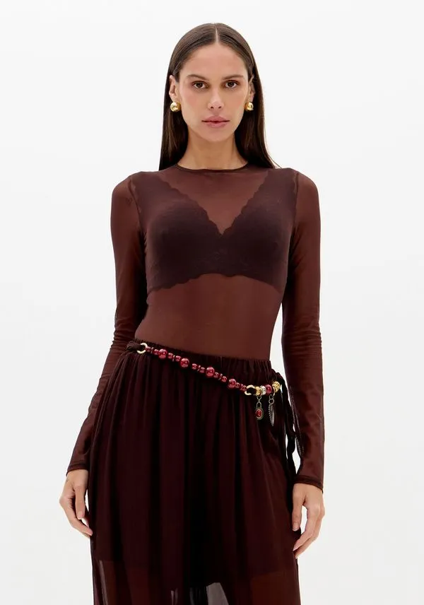 Body Manga Longa Tule Marrom GG