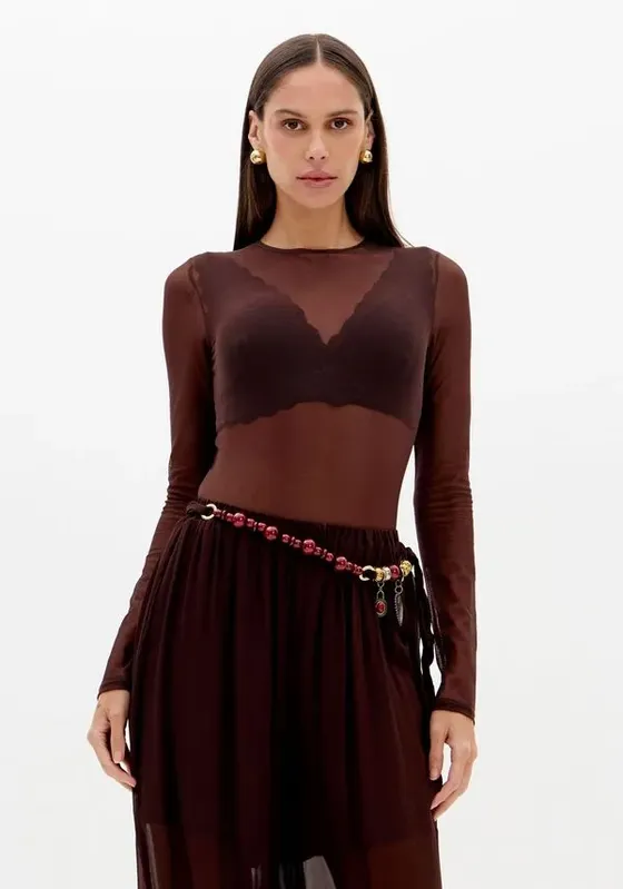 Body Manga Longa Tule Marrom GG