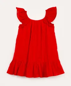 vestido de algodão infantil texturizado com laise e babado vermelho 5