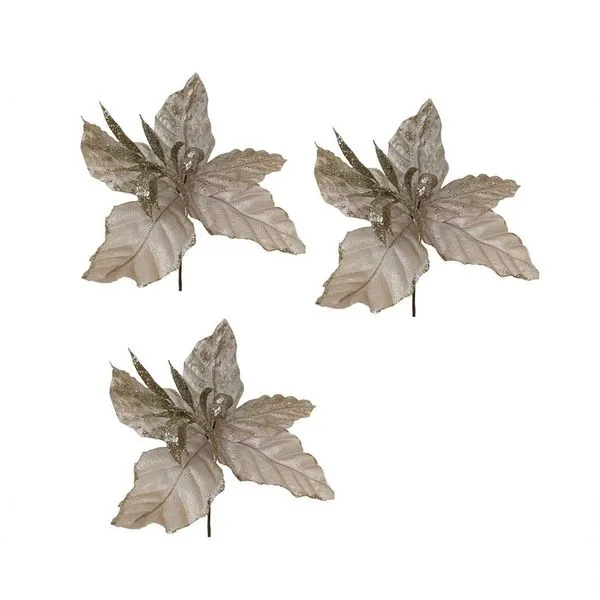 Kit Com 3 Flores Poisentia Champanhe 24cm Com Brilho Dourado