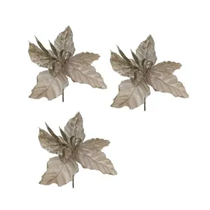 Kit Com 3 Flores Poisentia Champanhe 24cm Com Brilho Dourado