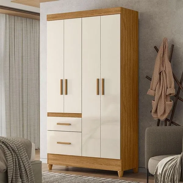 Guarda Roupa Solteiro Ambiente Madri 4 Portas 2 Gavetas MDP Freijó Off White Moval Móveis Guarda Roupa Solteiro Ambiente Madri 4 Portas 2 Gavetas Freijó Off White MDP