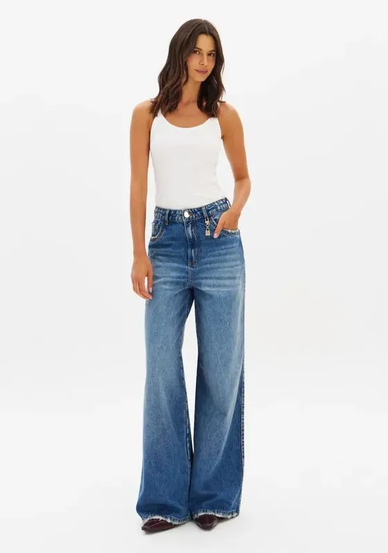 Calça Jeans Wide Leg Cintura Alta Azul 46