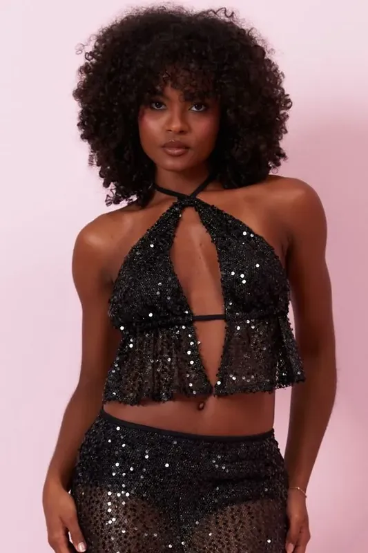 Blusa Feminina em Paetê Frente Única Planet Girls Preto P