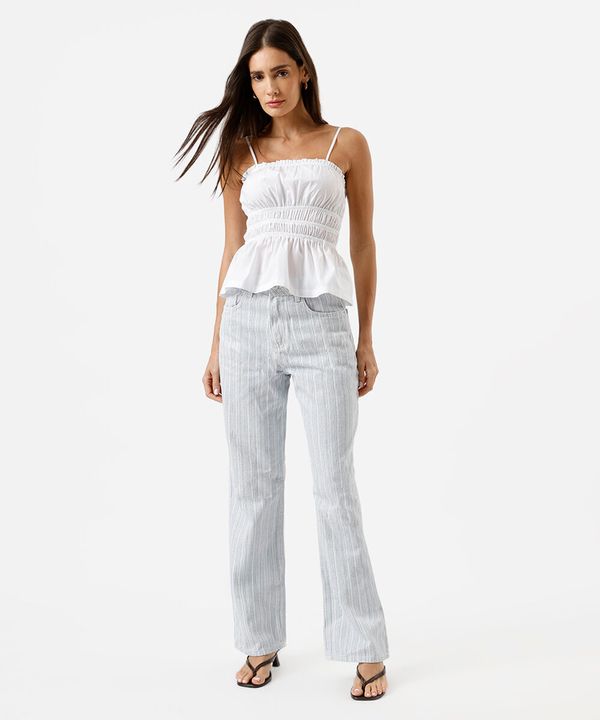 calça wide leg slim feminina de sarja listrada azul 36