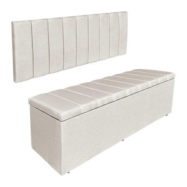 Kit Cabeceira Painel E Calçadeira Recamier Baú King 1,95m Holanda Linho Bege - Pallazio