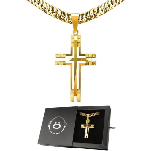 Cordão com Pingente Orizom Cordão Grumet 60cm Banhado Ouro 18k em Aço Dourado com Crucifixo Grande Unissex Cordão com Pingente Orizom Cordão Grumet 60cm em Aço Banhado Ouro 18k Dourado com Crucifixo Unissex