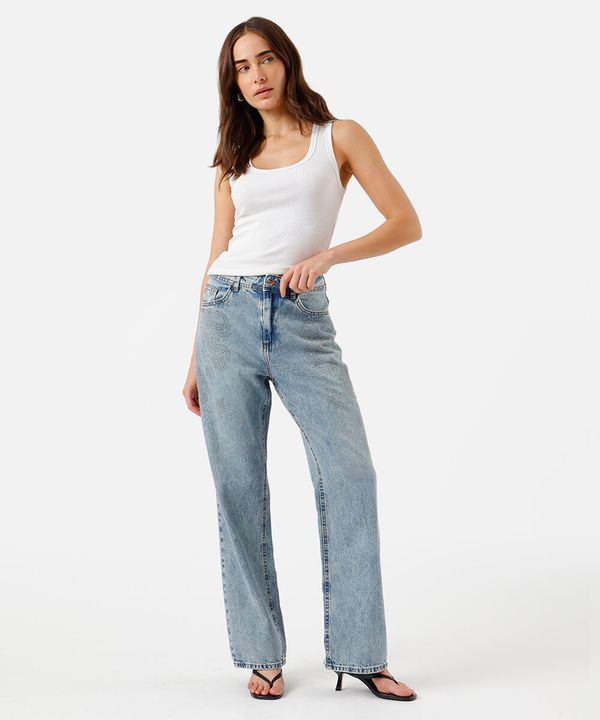 calça wide leg slim feminina jeans cintura média com brilhos azul 46