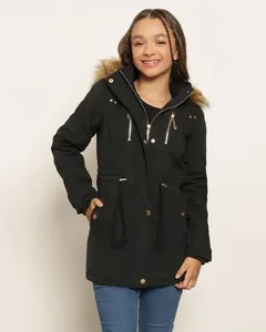 Parka Juvenil Sarja Capuz Com Pelinho Preta 10