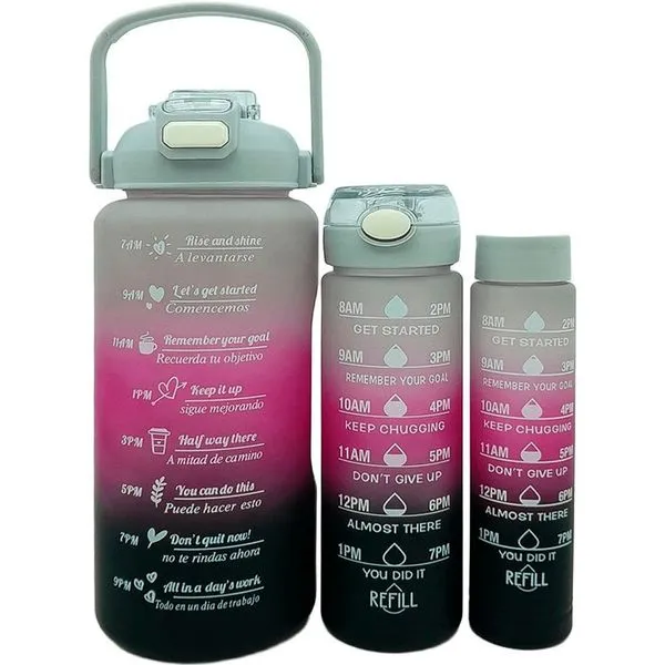 Garrafa Kit 3 Peças de Água Treino Academia com Frases Motivacionais 2L 900ml 300ml Cinza Rosa Preto Garrafa Kit 3 Peças de Água Treino Academia com Frases Motivacionais Cinza Rosa Preto